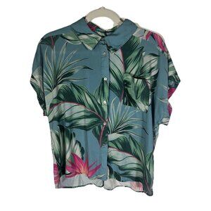 Show me your MuMu tropical Hawaiian floral blue pink camp shirt sz L flowy